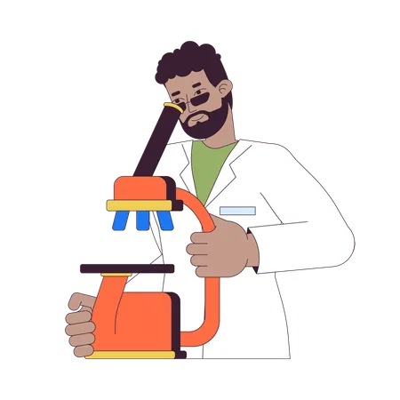 African American Scientist Looking In Microscope 2 D Linear Cartoon Character Male Doctor Studying Sample Isolated Line Vector Person White Background Researching Color Flat Spot Illustration Illustration