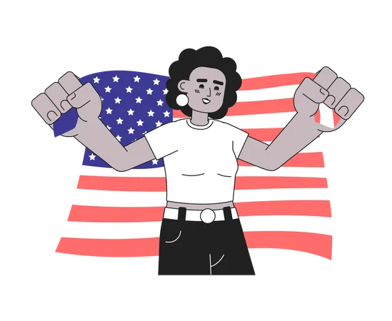 African American Woman Holding American Flag Monochromatic Flat Vector Character Independence Day USA Editable Line Half Body Person On White Simple Bw Cartoon Spot Image For Web Graphic Design Illustration