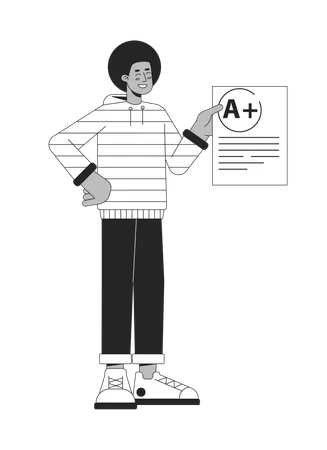African American Student Show Blank With Mark Flat Line Black White Vector Character Editable Outline Full Body Education Character On White Simple Cartoon Spot Illustration For Web Graphic Design Illustration