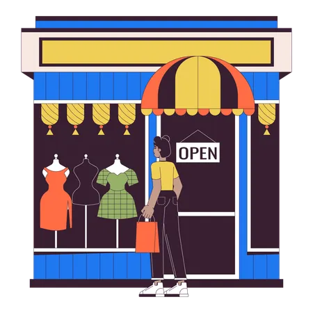 Black Woman Looking At Clothes In Fashion Store 2 D Linear Cartoon Character Female Customer At Display Window Isolated Line Vector Person White Background Small Business Color Flat Spot Illustration Illustration