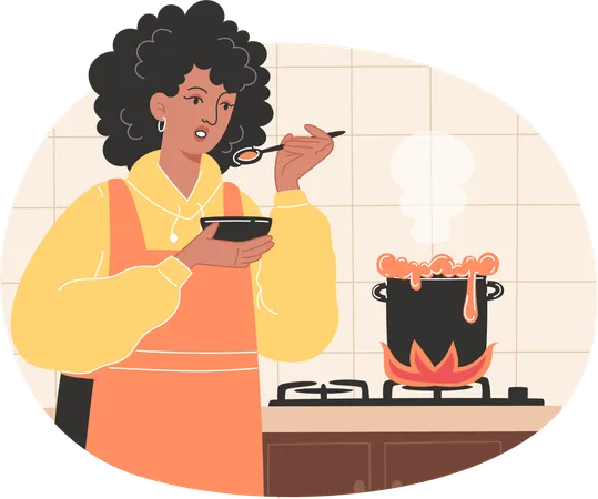 African American woman cooking soup in a cozy kitchen  Illustration