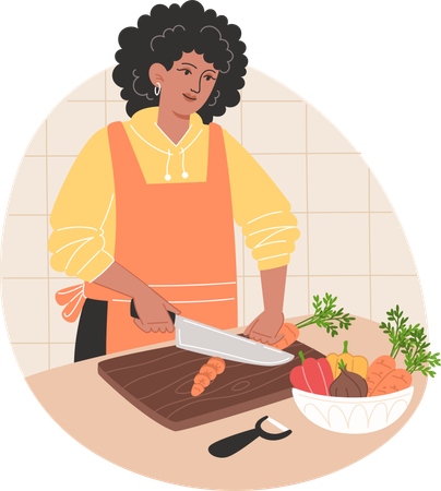 African American woman cutting vegetables and preparing food  イラスト