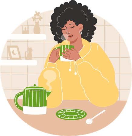 African American woman drinking tea in a cozy kitchen  Illustration