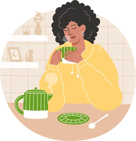 African American woman drinking tea in a cozy kitchen  Illustration
