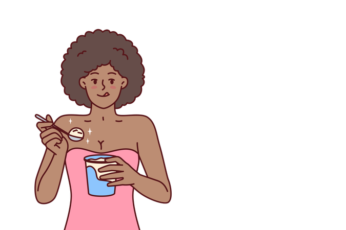 African American woman eating ice cream enjoying cold dessert to cool down after hot walk  Illustration