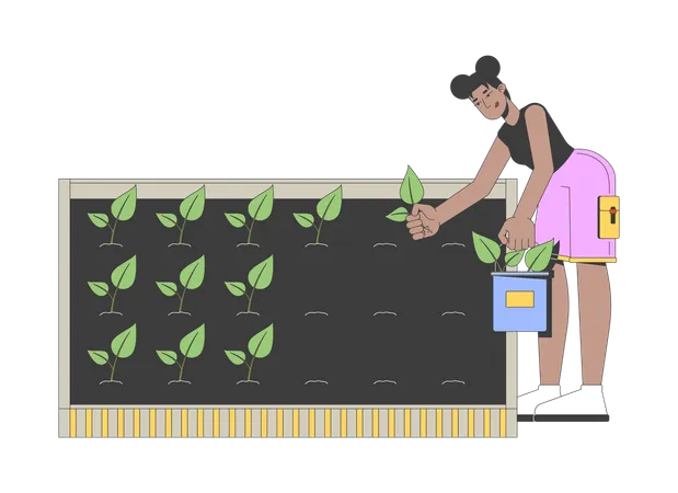 African american woman gardening and planting seedlings into soil  Illustration