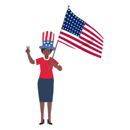 USA 4th July Independence Day Concpet African American Woman Holding American Flag To Celebrate Flat Vector Cartoon Illustration Illustration