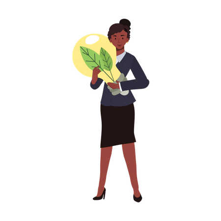 African american woman holding Light Bulb with green leaf inside  Illustration