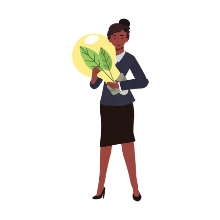 Growing Green Technology Concept Green Energy African American Woman Holding Light Bulb With Green Leaf Inside Illustration