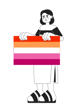 African American Woman Holds Lesbian Flag Monochromatic Flat Vector Character Editable Thin Line Full Body Woman Shows Tolerance To Lgbt On White Simple Bw Cartoon Spot Image For Web Graphic Design Illustration