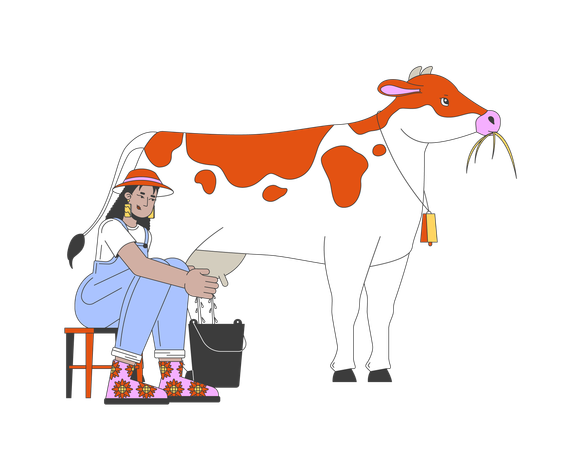 African american woman milking cow  Illustration