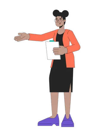African American Woman Office Worker 2 D Linear Cartoon Character Female Employee Pointing Arm Isolated Line Vector Person White Background Teacher Hand Outstretched Color Flat Spot Illustration Illustration