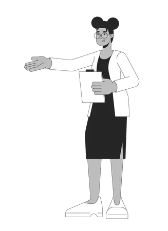 African American Woman Office Worker Black And White 2 D Line Cartoon Character Female Employee Pointing Isolated Vector Outline Person Teacher Hand Outstretched Monochromatic Flat Spot Illustration Illustration