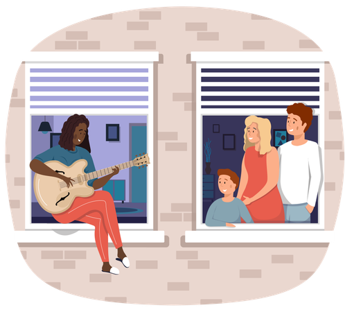 African American woman on balcony plays guitar  Illustration