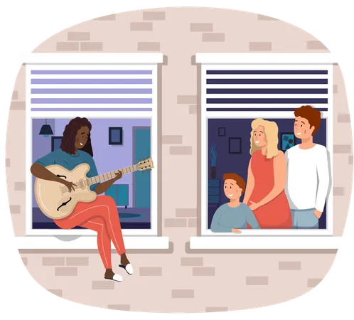 African American woman on balcony plays guitar  Illustration