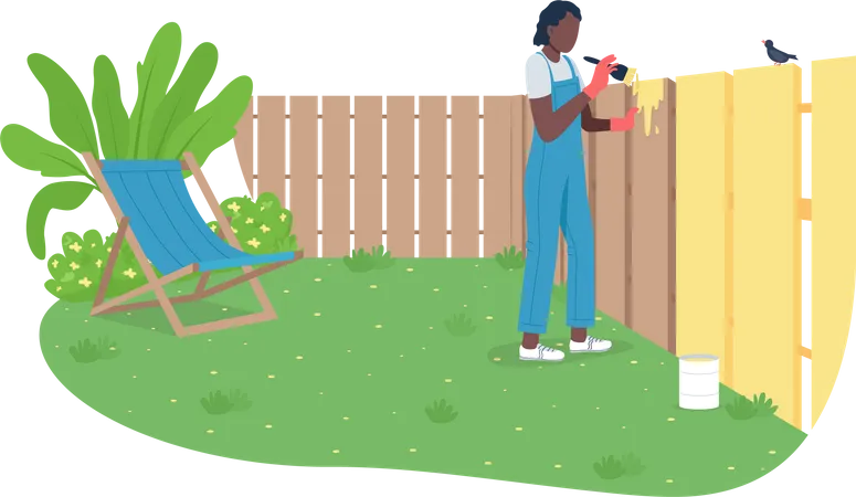 African American woman painting garden fence  Illustration