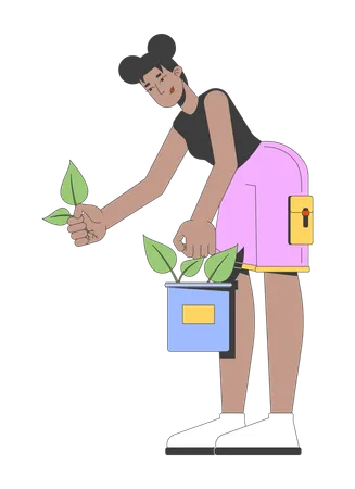 African american woman planting seedlings from bucket  Illustration