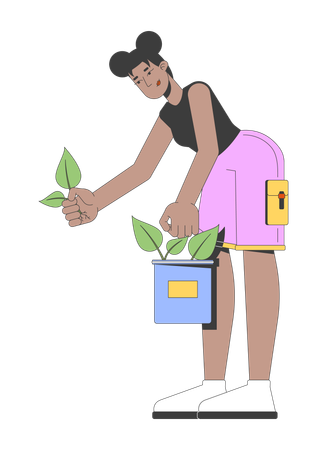 African american woman planting seedlings from bucket  Illustration
