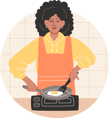 African American woman preparing breakfast and frying scrambled eggs in a cozy kitchen  Illustration