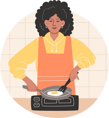 African American woman preparing breakfast and frying scrambled eggs in a cozy kitchen  イラスト