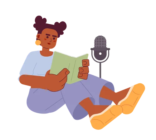 African American Woman Reading Book On Microphone 2 D Cartoon Character Black Girl Audiobook Narration Isolated Vector Person White Background Recording Voice Over Color Flat Spot Illustration Illustration