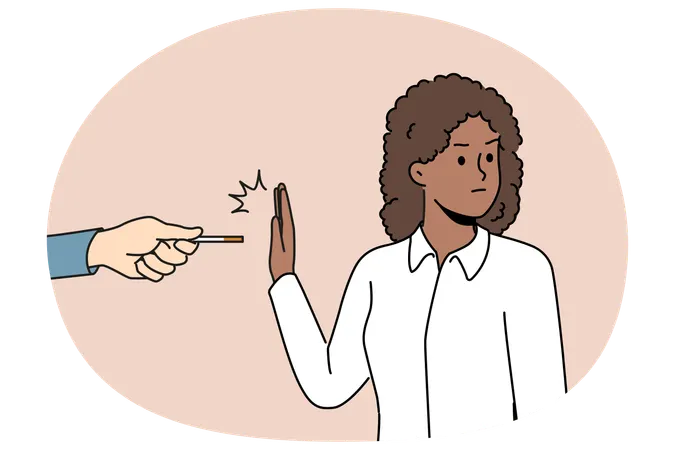 African American woman refusing to smoke making prohibition gesture near hand with cigarette  Illustration