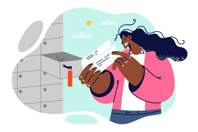 African American Woman Stands Near Correspondence Boxes And Reads Letters From Business Partners Or Commercial Offers Ethnic Girl With Smile Holds Correspondence Sent By Postal Company Illustration