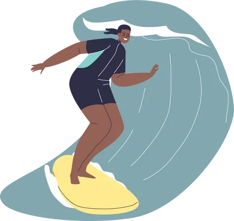 African American Woman Surfing Girl Riding Surfboards On Wave Happy Young Female Enjoy Activity For Active Summer Vacation At Sea Resort Cartoon Flat Vector Illustration Illustration