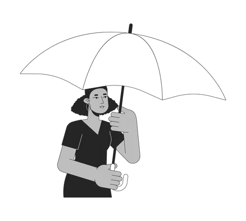 African American Woman Under Umbrella Flat Line Black White Vector Character Editable Outline Half Body Person Cover From Bad Weather Simple Cartoon Isolated Spot Illustration For Web Graphic Design Illustration