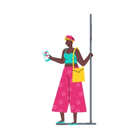 African american woman using mobile phone in subway train Illustration