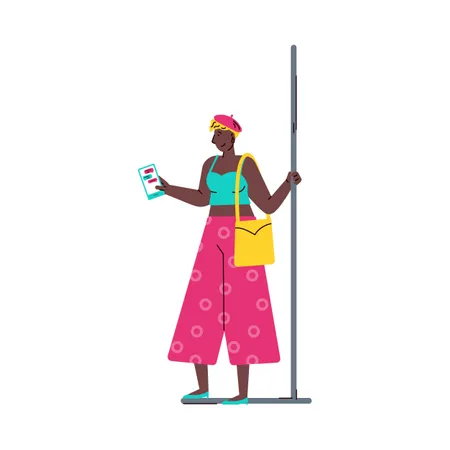 African american woman using mobile phone in subway train  Illustration