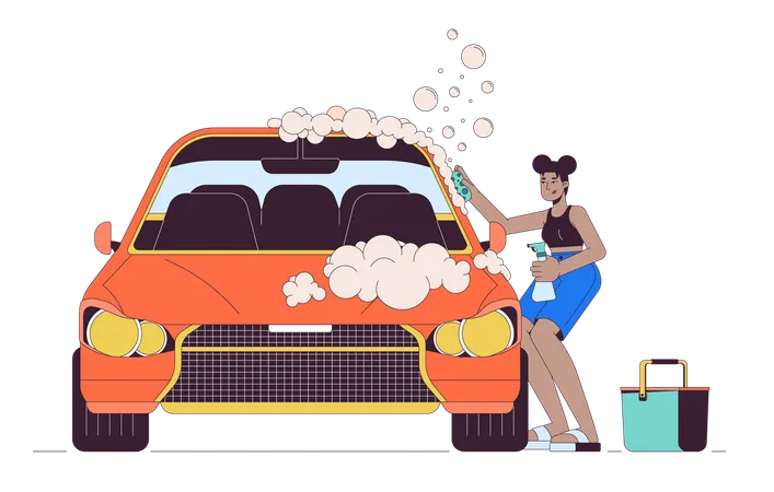 African American Woman Washing Car Line Cartoon Flat Illustration Black Female Cleaning Auto 2 D Lineart Character Isolated On White Background Taking Care Of Vehicle Scene Vector Color Image Illustration