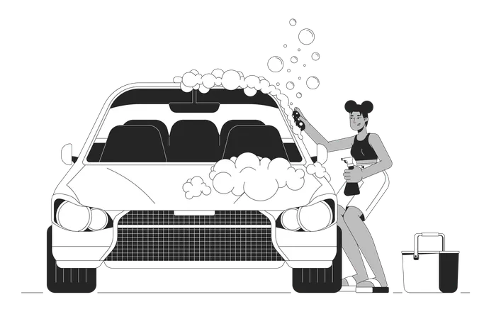 African American Woman Washing Car Black And White Cartoon Flat Illustration Black Female Cleaning Auto 2 D Lineart Character Isolated Taking Care Of Vehicle Monochrome Scene Vector Outline Image Illustration