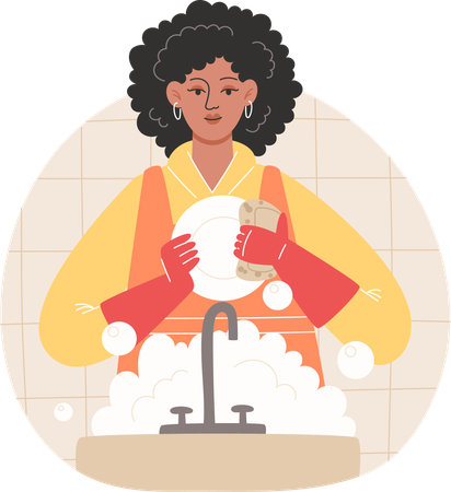 African American woman washing dishes in a cozy kitchen  イラスト