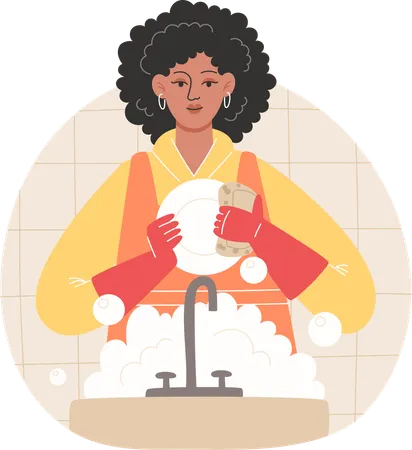 African American woman washing dishes in a cozy kitchen  イラスト