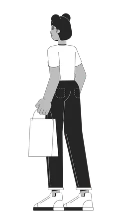 African American Woman With Shopping Bag Black And White 2 D Line Cartoon Character Black Female Shopper Isolated Vector Outline Person Purchasing Goods For Fun Monochromatic Flat Spot Illustration Illustration