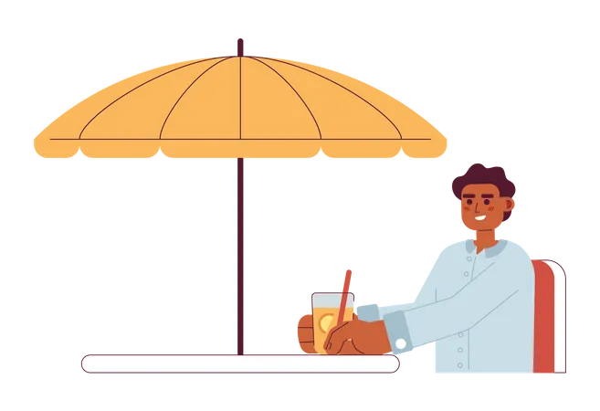 African american young man with soda drink sitting under umbrella  Illustration