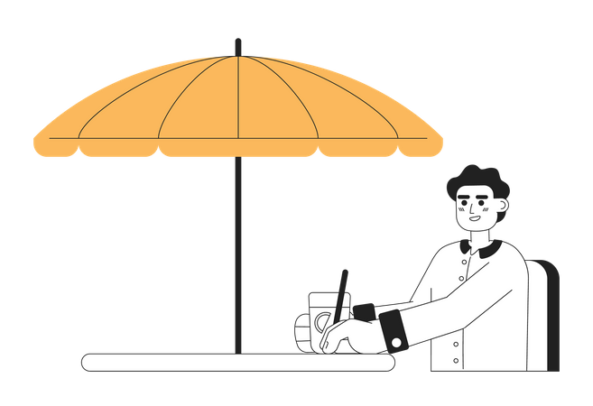 African american young man with soda drink sitting under umbrella  Illustration