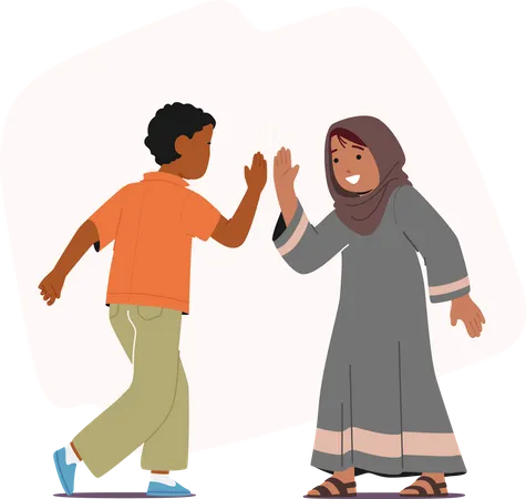 African And Arab Children Characters Happily Giving Each Other A High Five  Illustration