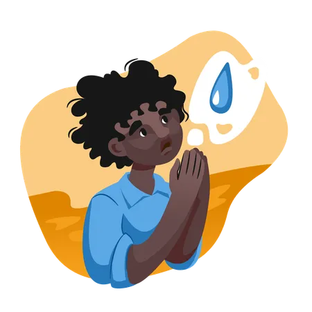 African Boy Asks God For Water Praying For Rain During Drought In Desert And Needs Humanitarian Assistance Concept Importance Of Land Reclamation On African Continent To Combat Lack Of Rivers Illustration
