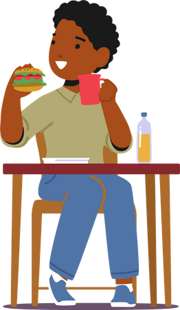 African boy eating burger while sitting on table Illustration