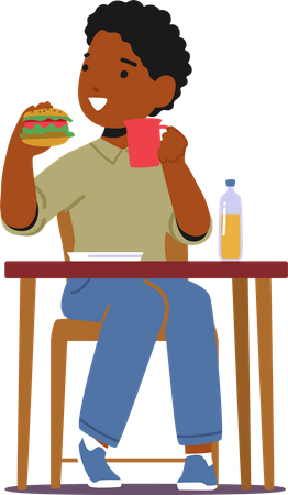 African boy eating burger while sitting on table  Illustration