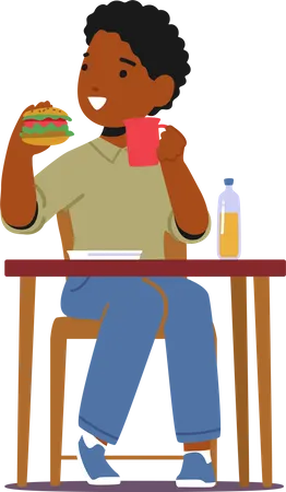 African boy eating burger while sitting on table  Illustration