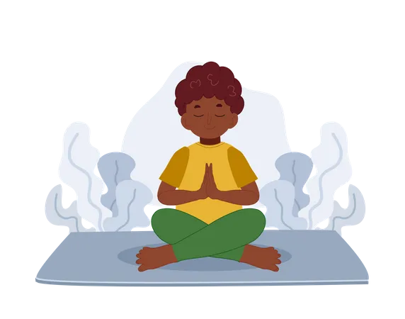 African American Boy Meditating In Lotus Pose Meditation For Children Flat Vector Cartoon Character Illustration Illustration