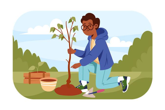 African Boy planting tree  イラスト