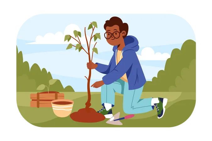 African Boy planting tree  イラスト