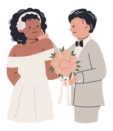 African Bride Marrying Asian Groom  Illustration