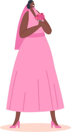 African Bride Wear Pink Dress Holding Bouquet in Hands  Illustration