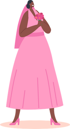 African Bride Wear Pink Dress Holding Bouquet in Hands  Illustration