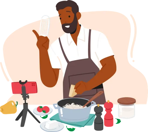 African Chief Blogger Cooking Online Virtual Culinary Classes Concept Black Male Character Wear Apron Use Internet For Preparing Food Influencer Streaming Cartoon People Vector Illustration Illustration